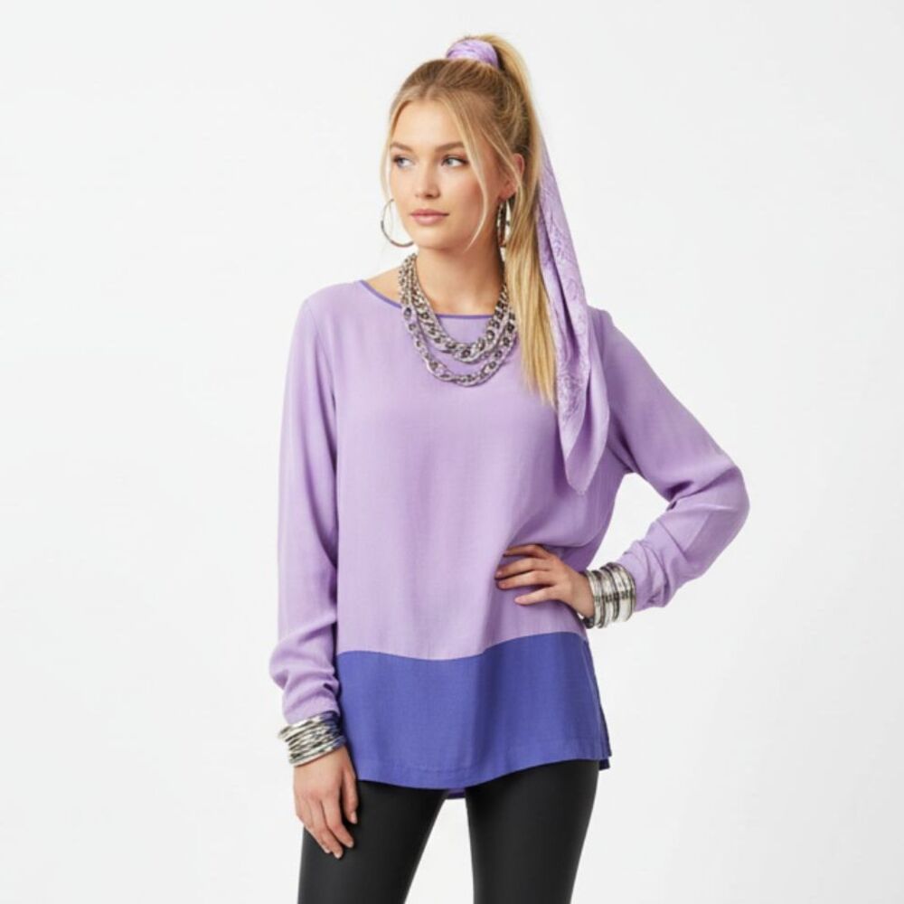Neiman Marcus 100% Silk Purple Two Tone Color Block Tunic Top M